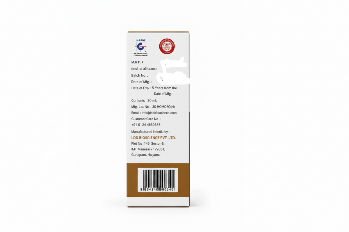 The back of a white cardboard medicine box with brown bands at the top and bottom, printed text details, a barcode, and logos, photographed on a white background.