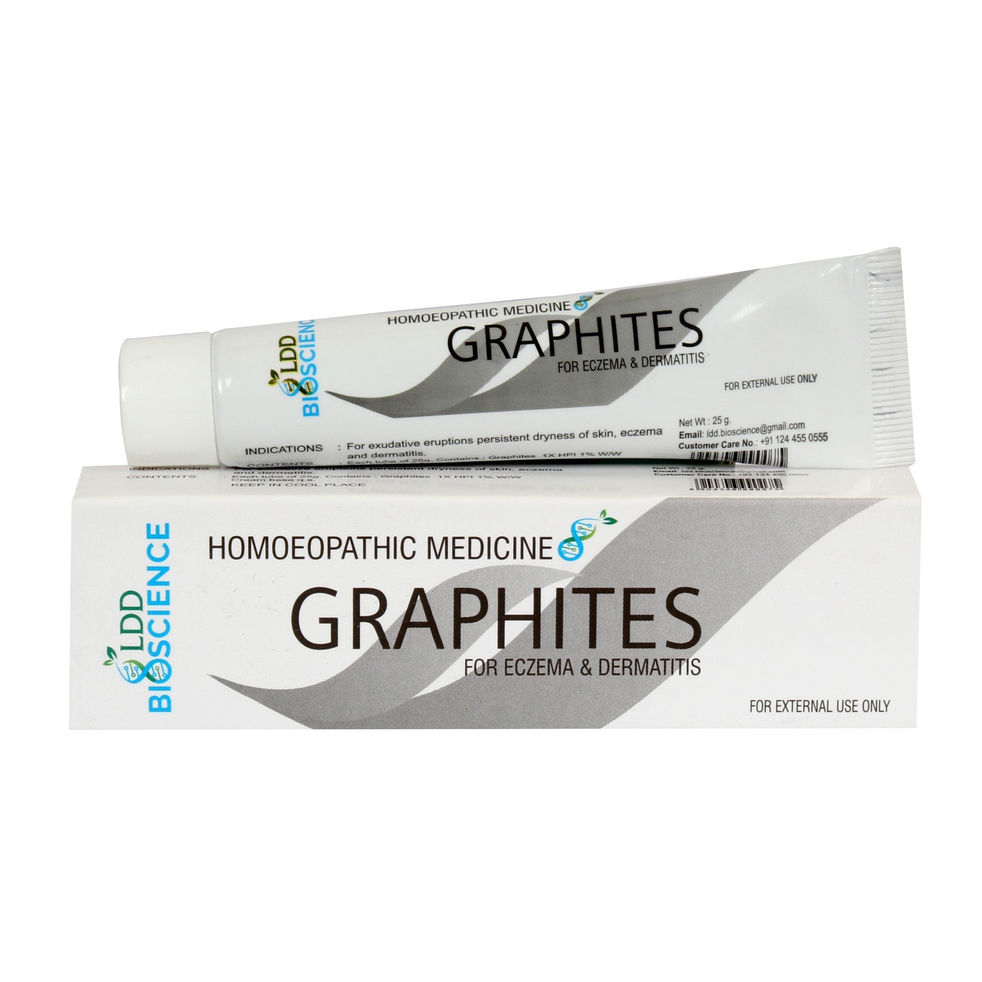 A tube of LDD Bioscience Graphites homeopathic medicine for eczema and dermatitis, placed horizontally on top of its matching white and gray retail box against a plain white background.