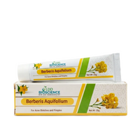 A tube of LDD Bioscience Berberis Aquifolium acne blisters and pimples cream is displayed horizontally on top of its matching retail box. The packaging features a white base with a yellow and green stripe design, accompanied by illustrations of yellow berberis flowers.