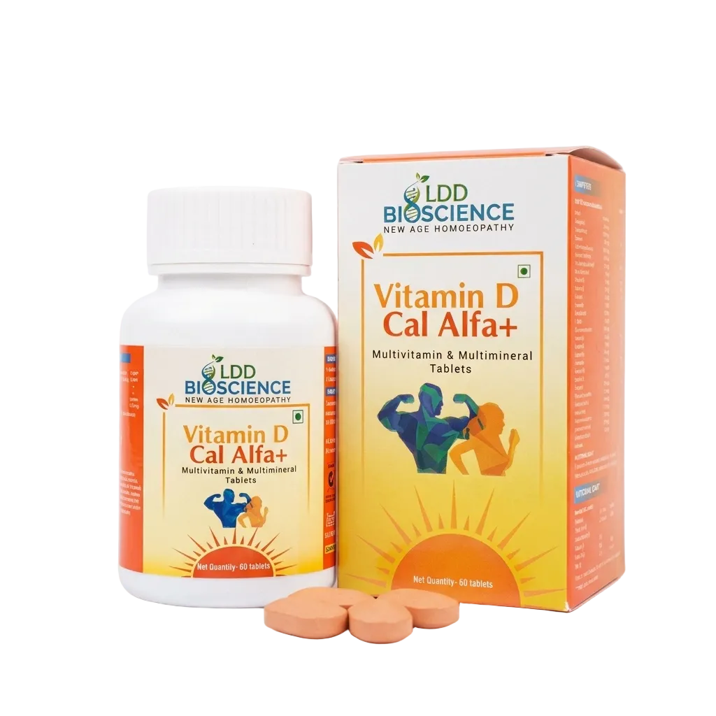 A bottle and box of LDD Bioscience Vitamin D Cal Alfa+ multivitamin and multimineral tablets, with several round orange tablets in front, on a clean white background.