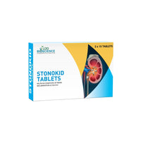 A box of LDD Bioscience Stonokid Tablets, featuring a white, blue, and yellow design with an anatomical illustration of a kidney on the front, set against a plain light gray background.